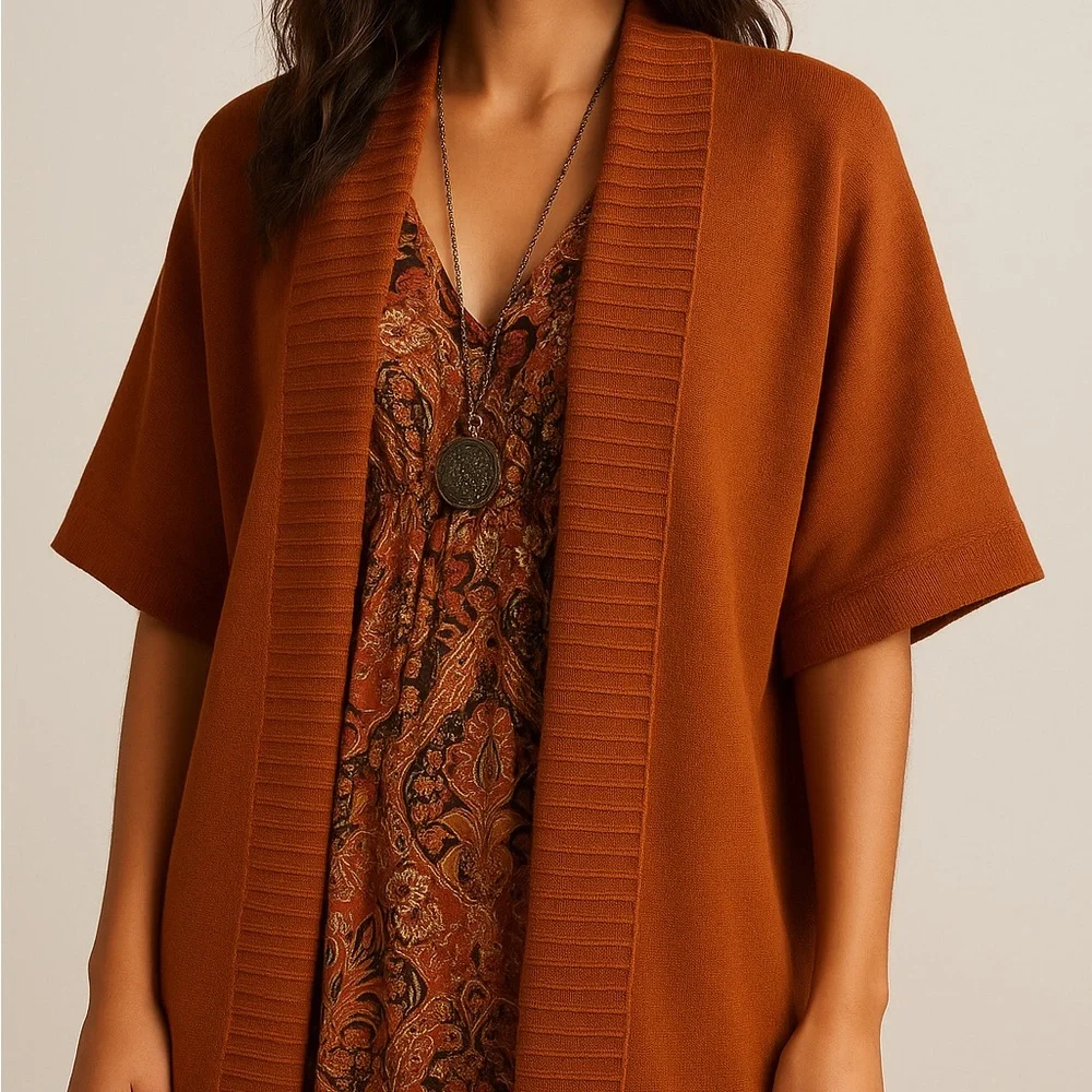 Jones New York Rust Orange Wide Ribbed Trim Open Front Duster Cardigan Women XL